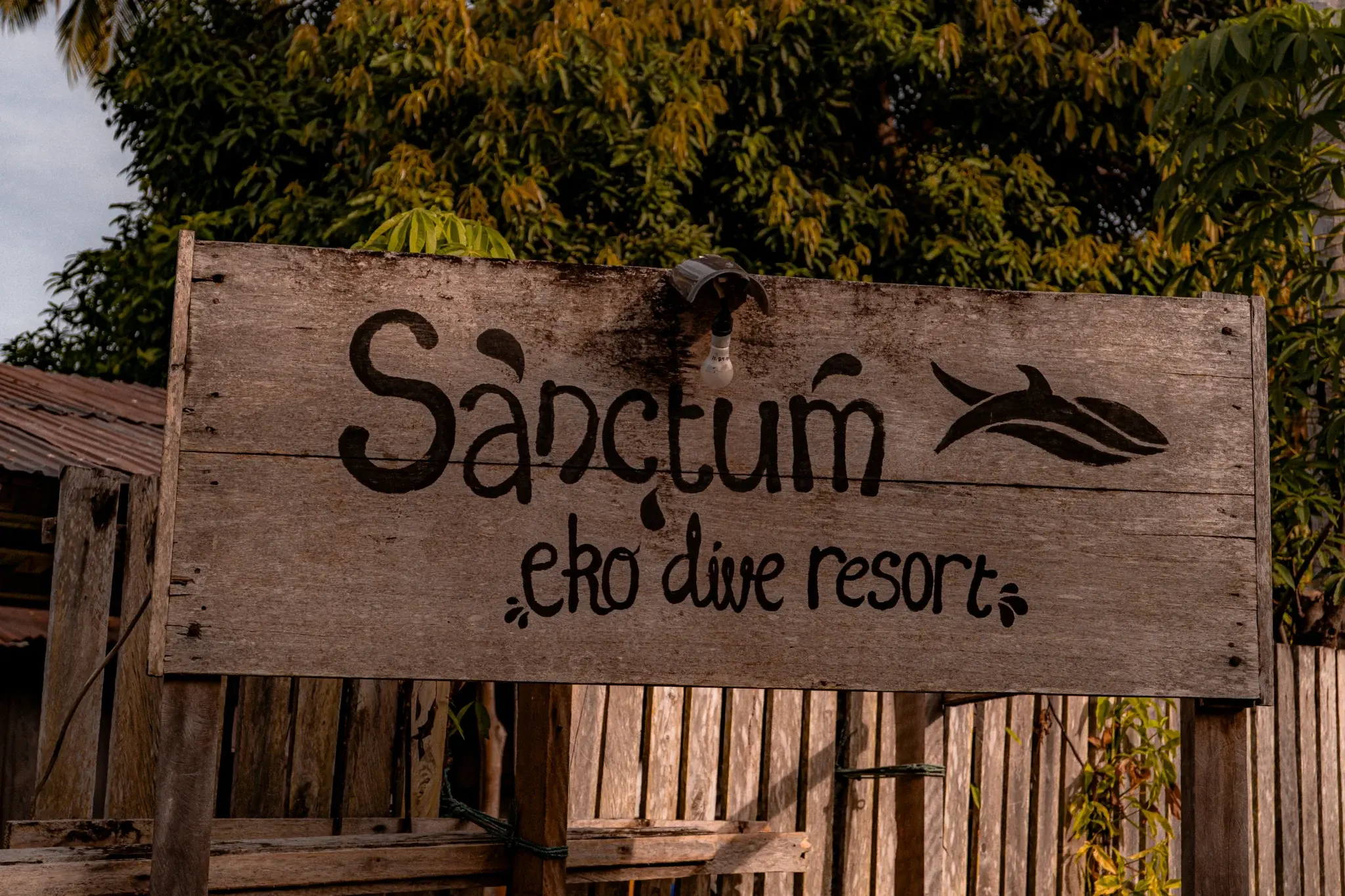 Sanctum Una Una – aerial view of the eco dive resort on Una Una's shore